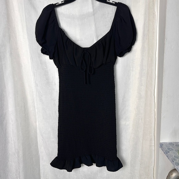 Love Stitch Black Dress Smocked Puff Sleeve Babydoll Mini Dress w/ Ruffle Hem - Picture 15 of 16